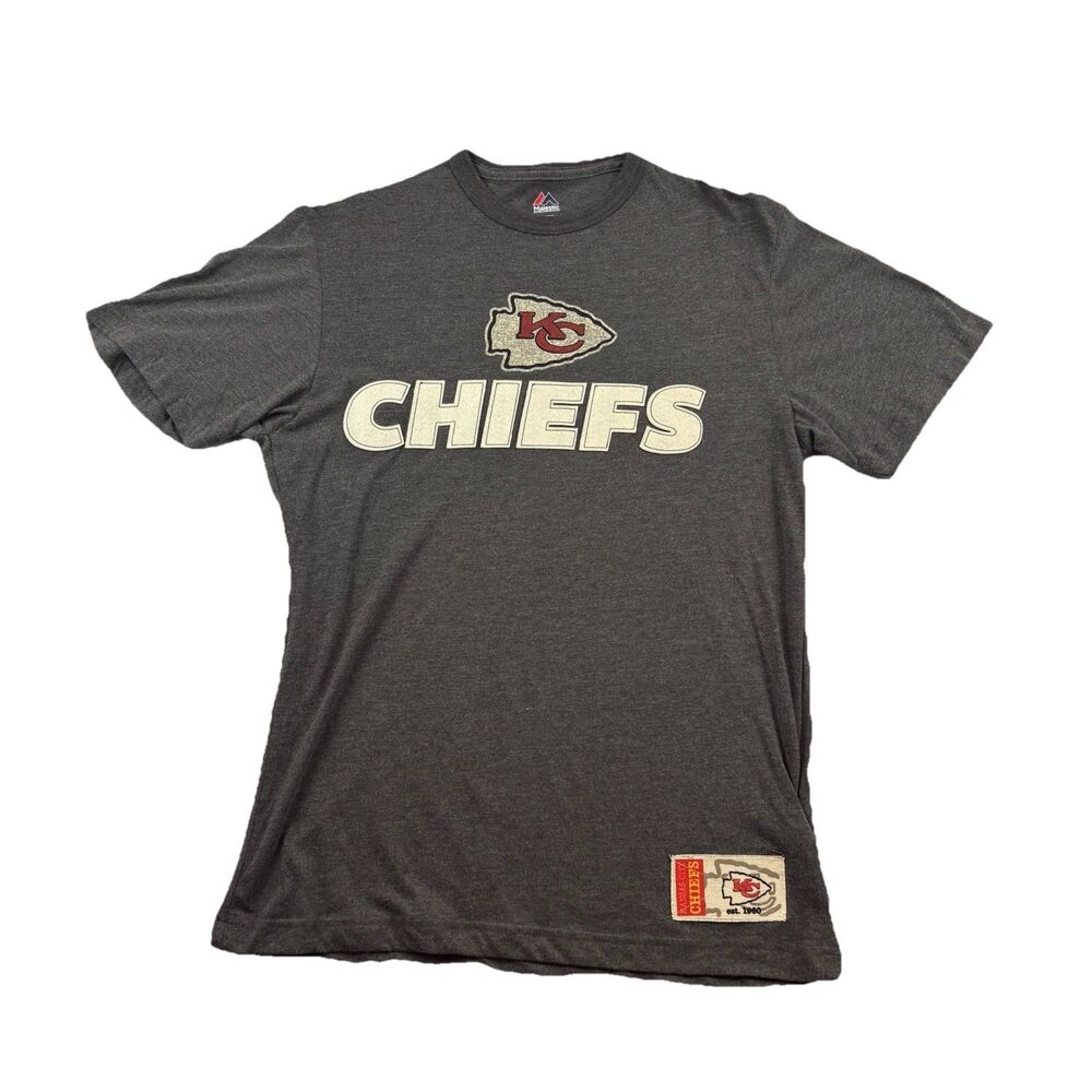 KC Chiefs NFL T Shirt Mens M Gray Sewn Cloth Patch Letters Short Sleeve Majestic